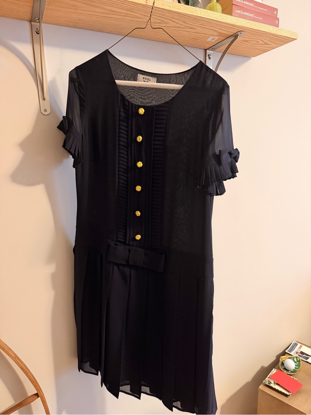 Vintage-Inspired Black Pleated Short Sleeve Dress with Gold Buttons